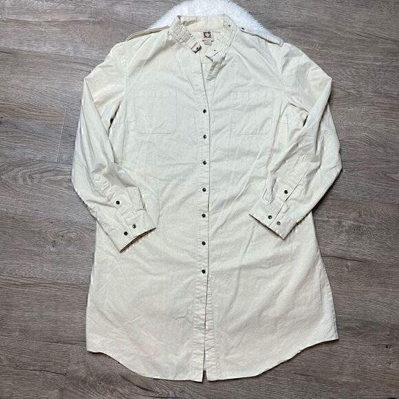 Anne Klein Cream Gold Shimmer Button Down Tunic Dress Shirt Size Large - Picture 2 of 11